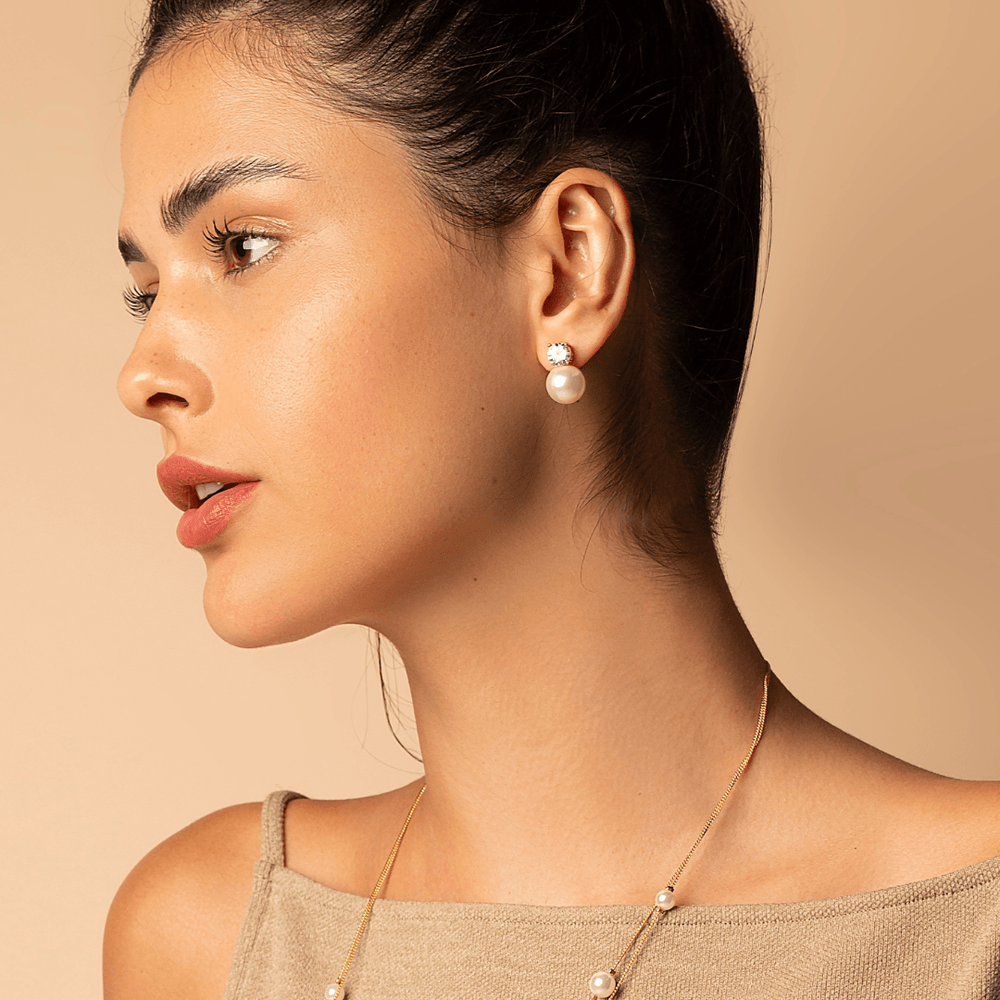 Zirconia and Pearl Earring - Golden White Pearl