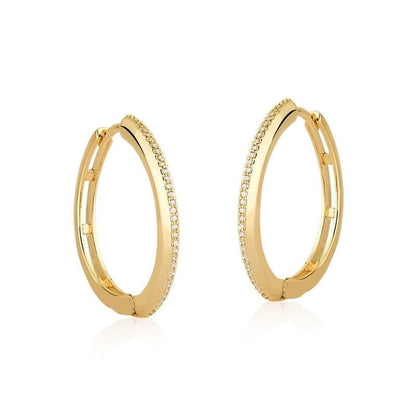 Gold-plated hoop earring with a single row of white zirconia stones.